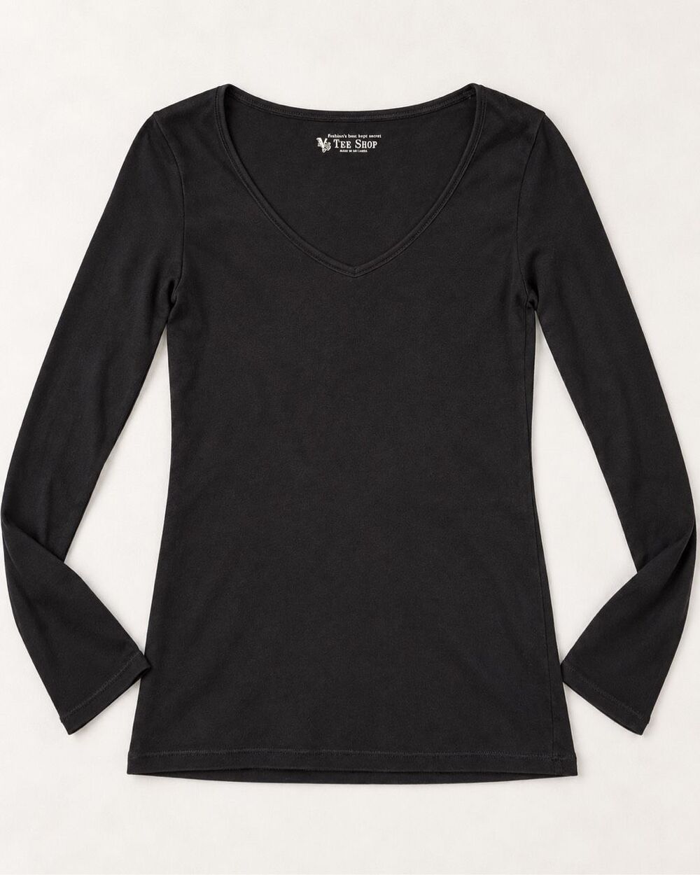 “Black Long Sleeve V Neck Stretch Fitted Basic” Tee Shop Women’s Medium Black Lo